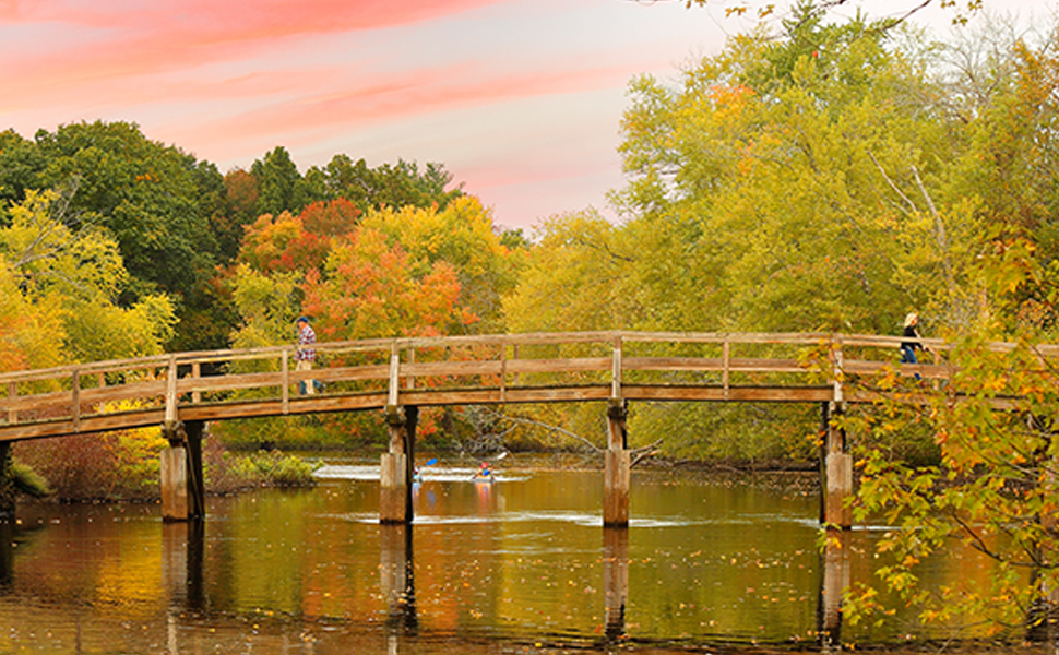 Wooden bridge over a river in the fall