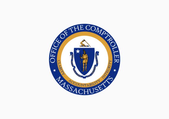 The seal of the Office of the Comptroller. The seal is a blue ring with the words Office of the Comptroller, Massachusetts. Inside the blue ring is a yellow ring with the words Clarity, Accountability, Integrity. Inside the yellow ring is the State Seal of the Commonwealth of Massachusetts.